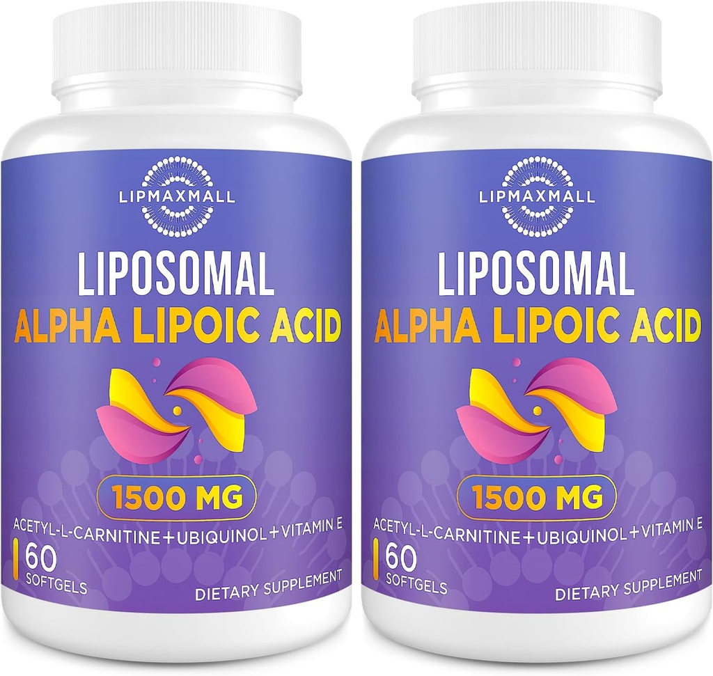 Liposomal Alpha Lipoic Acid 1500mg - with Acetyl-L-Carnitine 900mg & Ubiquinol 100mg & Vitamin E 15mg，ALA Supplement for Antioxidants Glucose Metabolism Nerve Energy,60 Softgels (2 Bottle)