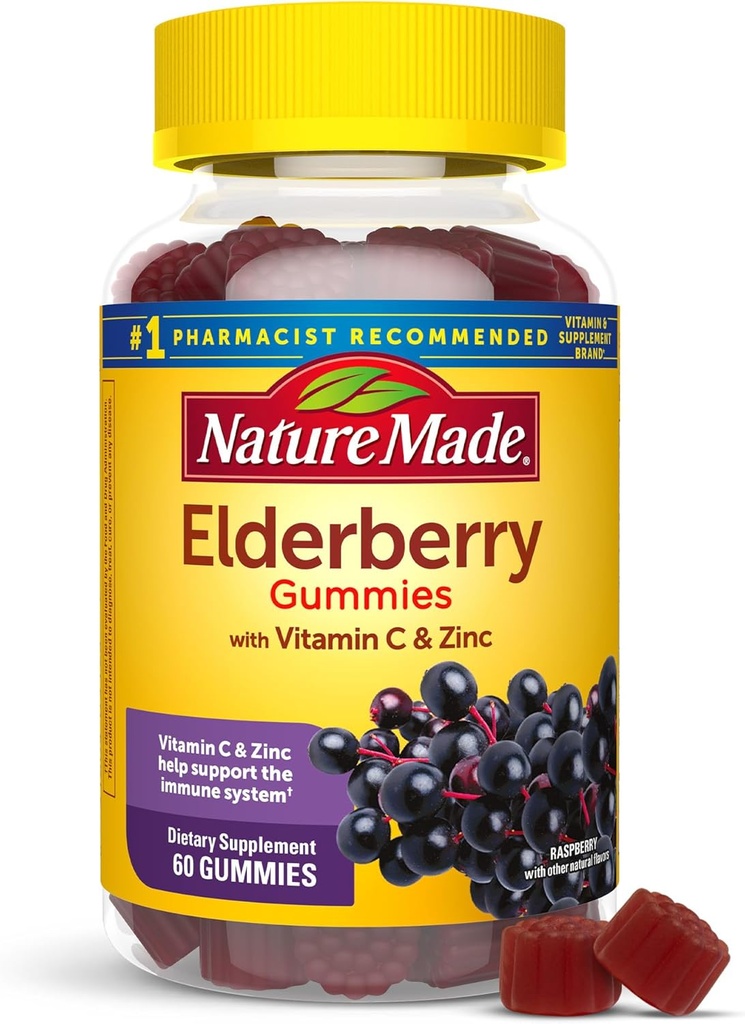 Nature Made Elderberry with Vitamin C and Zinc, Dietary Supplement for Immune Support, 60 Elderberry Gummies, 30 Day Supply