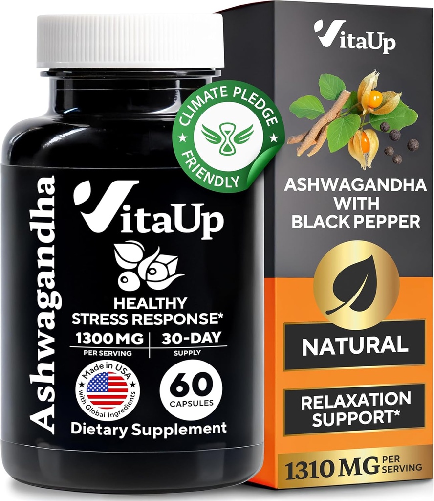 Ashwagandha Capsules 1310mg with Black Pepper - USA Made Ashwagandha Supplements for Relaxation Support, Normal Cognitive Function & Balanced Energy Levels – 60 Caps