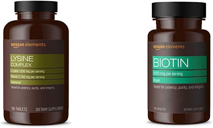   Elements Lysine Complex with Vitamin C (1500 mg L-Lysine with 100 mg Vitamin C per Serving - 3 Tablets), Supports Immune Health, Vegetarian, 195 Count (Packaging may vary) and   Elements Vegan Biotin 5000 mcg - Hair, Skin, Nails, 130 Capsules (4 month supply) (Packaging may vary)