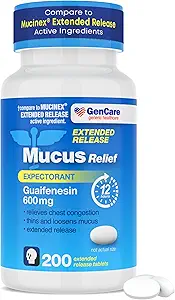 GenCare - Mucus Relief Guaifenesin 600mg (200 Tablets) Mucus Relief Expectorant for Congestion & Cough - Extended Release Tablets for Immediate & Lasting Relief