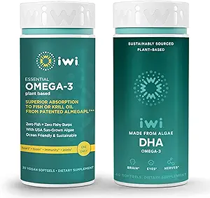 Iwi Omega-3 Essential & DHA Omega-3 Bundle, 30 Servings, Vegan Plant-Based Algae Omega 3, Krill & Fish Oil Alternative, No Fishy Aftertaste