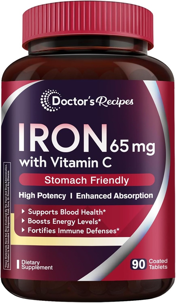 Doctor's Recipes Iron Supplement 65 mg with Vitamin C - Maximized Absorption & Stomach Friendly Iron Pills for Red Blood Cells Formation, Heart, Brain & Immunity Health - Vegan Non-GMO 90 Iron Tablets