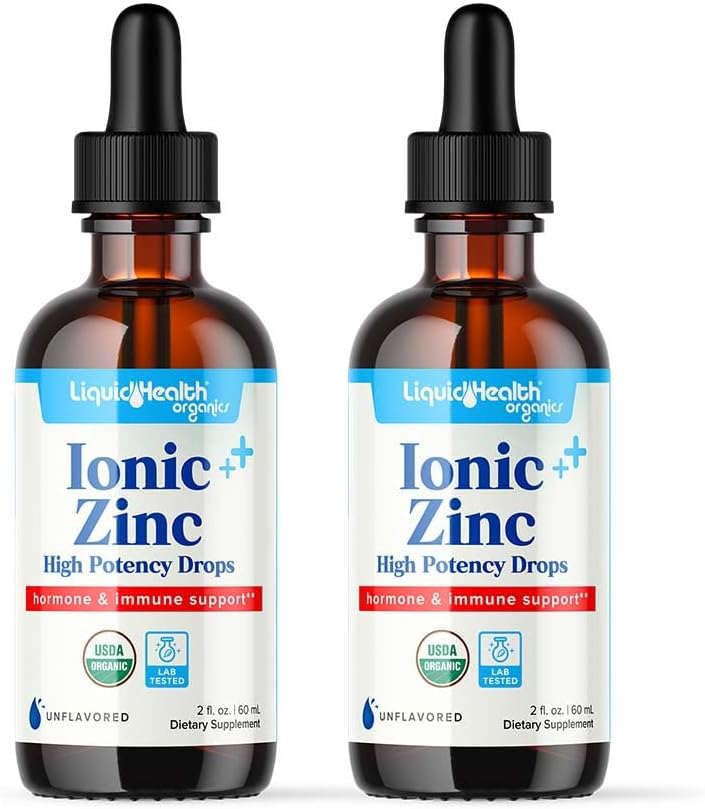 LIQUIDHEALTH USDA Organic Ionic Zinc High Potency Drops - Trace Mineral Liquid Vitamin Supplement for Adults, Kids - Immune & Digestive Support, Skin & Wound Health - USA Made, Vegan, Non-GMO (2 Pack)