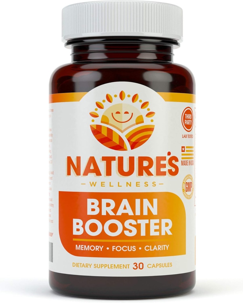 Natures Wellness Brain Booster | Natural Cognitive Enhancer for Increased Focus, Memory and Mental Clarity | Nootropics Brain Supplement | DMAE, Rhodiola Rosea Extract, Bacopa Monnieri, Ginkgo Biloba