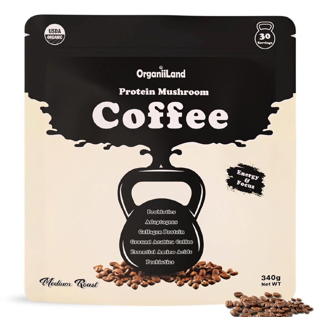 Protein Mushroom Coffee by OrganiiLand | Ground Coffee with Collagen, Lion's Mane, Chaga, Turkey Tail, Reishi, Maitake, L-Theanine | Focus, Energy, Immunity, and Digestion | 30 Servings