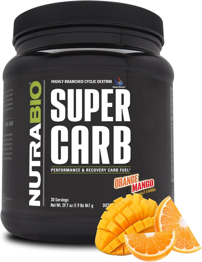 NutraBio Super Carb, Carbohydrate Powder with Cluster Dextrin & Electrolytes, Advanced Carb Supplement Powder for Workout Fuel, Performance, and Muscle Recovery, Cyclic Dextrin, Orange Mango, 30 Sv
