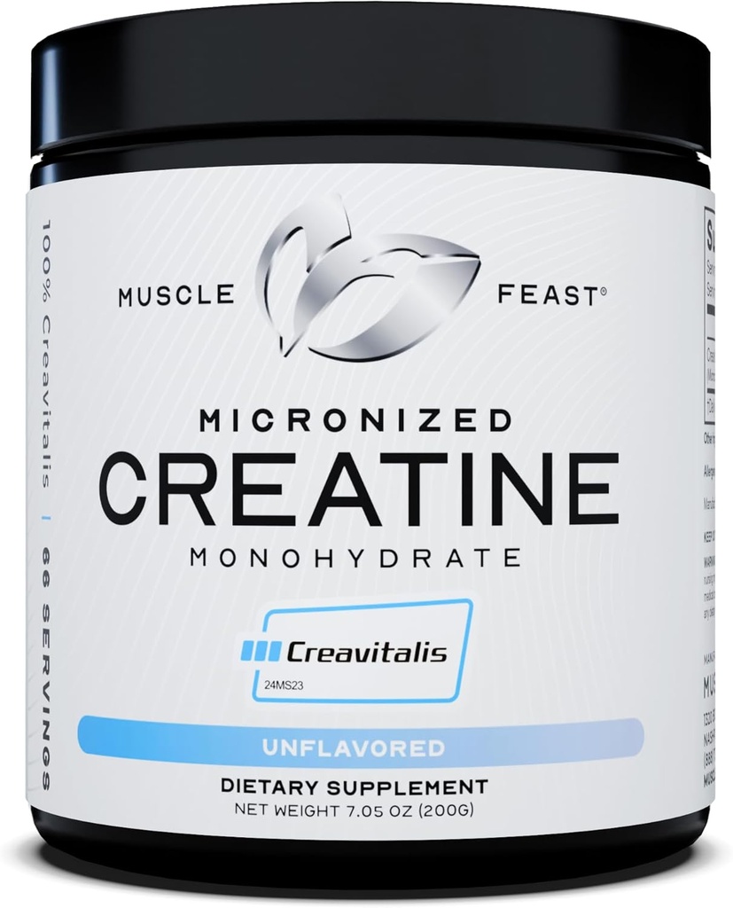 Muscle Feast Creavitalis Micronized Creatine Monohydrate Powder | Premium Pre-Workout or Post-Workout | Easy to Mix, Gluten-Free, Safe and Pure, Kosher Certified (200g | 66 Servings), Unflavored