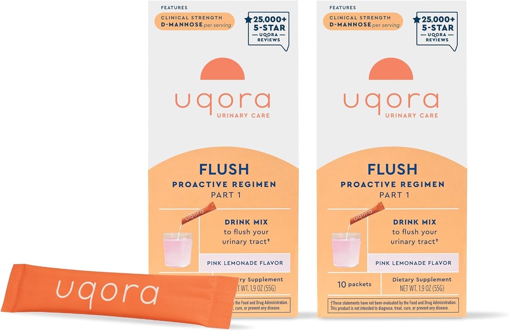 Uqora Flush - Urinary Tract* with D-Mannose, Vitamin C, Vitamin B6, Potassium, Magnesium & Calcium - Gluten-Free & Vegan - Pink Lemonade Flavor - 20 Packets (2 Pack)