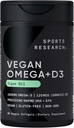 Sports Research Vegan Omega-3 with Vitamin D3 Softgels - 1020mg Omega-3 & 5000iu D3 Supplement - Fish Oil Alternative with Vitamin D Plant-Based Support from Algae Oil - 60 Veggie Softgels for Adults