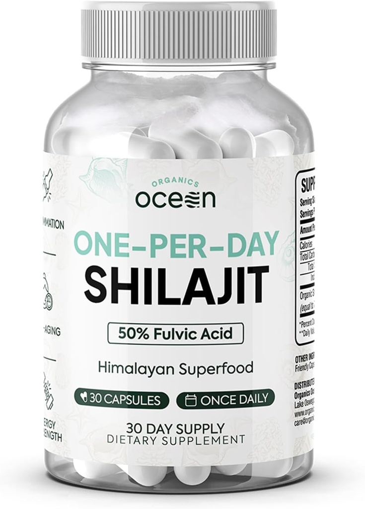 Organics Ocean One-Per-Day Shilajit for Men and Women - Natural Shilajit Supplement for Age-Defying, Bone Strength, Hormone Support and More - 30 Shilajit Capsules