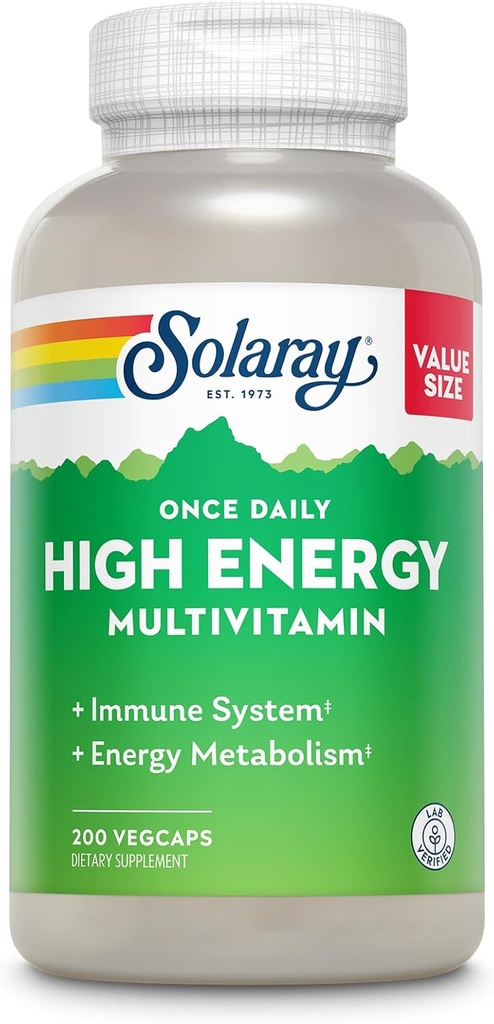 SOLARAY Once Daily High Energy Multivitamin for Women and Men - Energy Supplements - Immune Support w/Vitamin C, A, D and E, Vitamin B Complex, Trace Minerals, 60-Day Guarantee, 200 Serv, 200 VegCaps