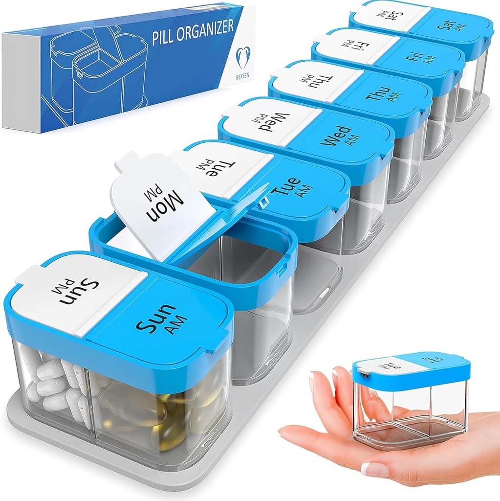 Extra Large Weekly Pill Organizer - XL Daily Pill Box - 7 Day Am Pm Pill Case Jumbo Pill Container for Supplements Big Pill Holder Twice A Day Oversized (Blue/White)