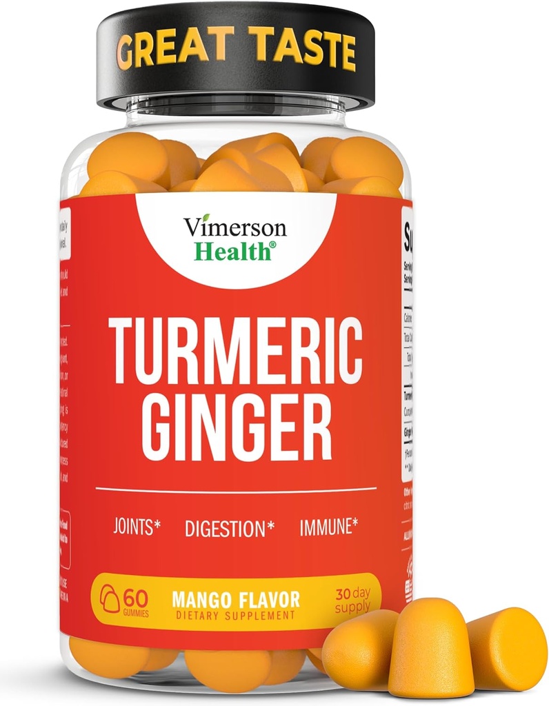 Turmeric Supplement - Curcumin C3 Complex + Ginger Root for Gut & Joint Health - Natural Turmeric Curcumin Supplement 95% Curcuminoids. Contains 260mg Tumeric Extract. 60 Mango Flavor Turmeric Gummies