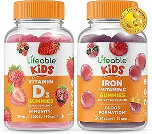 Lifeable Vitamin D Kids + Iron & Vitamin C Kids, Gummies Bundle - Great Tasting, Vitamin Supplement, Gluten Free, GMO Free, Chewable Gummy