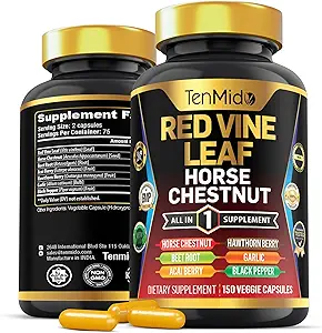 Red Vine Leaf Extract Supplement - 7in1 Formula - Combine with Horse Chestnut, Beet Root, Acai Berry, Hawthorn Berry, Garlic, and Black Pepper - 150 Capsules for 75 Days Supply