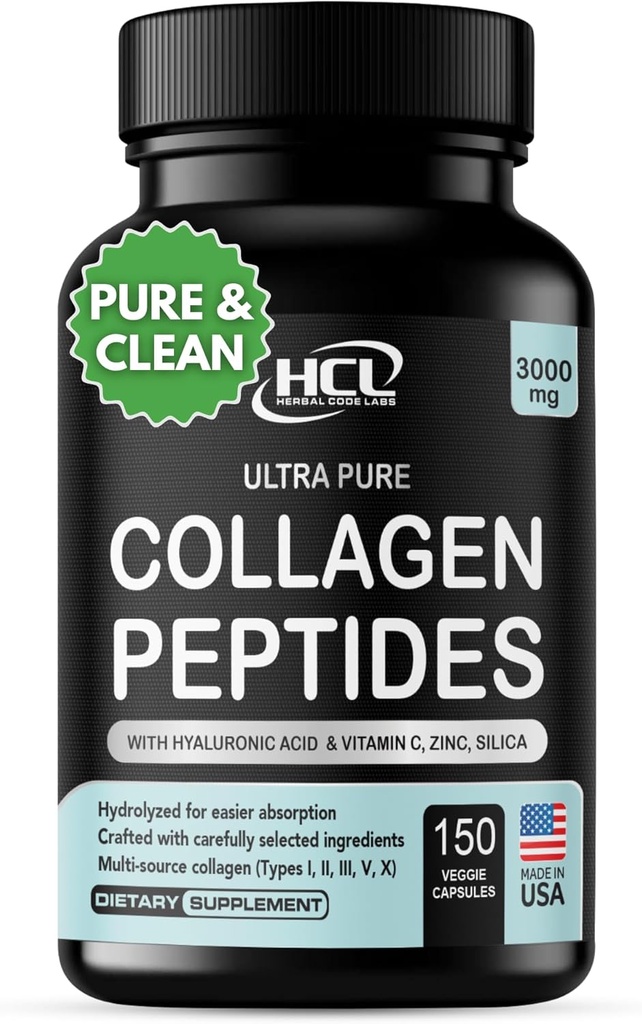 HCL HERBAL CODE LABS Collagen Peptides Powder with Vitamin C & Hyaluronic Acid - Cleanest Sources & Super High Absorption - Hydrolyzed Multi Type I, II, III, V, X - Skin Hair Supplement (Capsules)