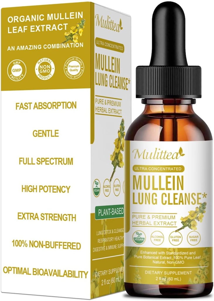 Mulittea Mullein Drops for Lungs & Lymphatic Drainage-5-in-1 Herbal Extract Liquid with Marshmallow Root, Elderberry, Licorice Root-Lung Cleanse & Respiratory Support-Non-GMO, Vegetarian-2 Fl Oz