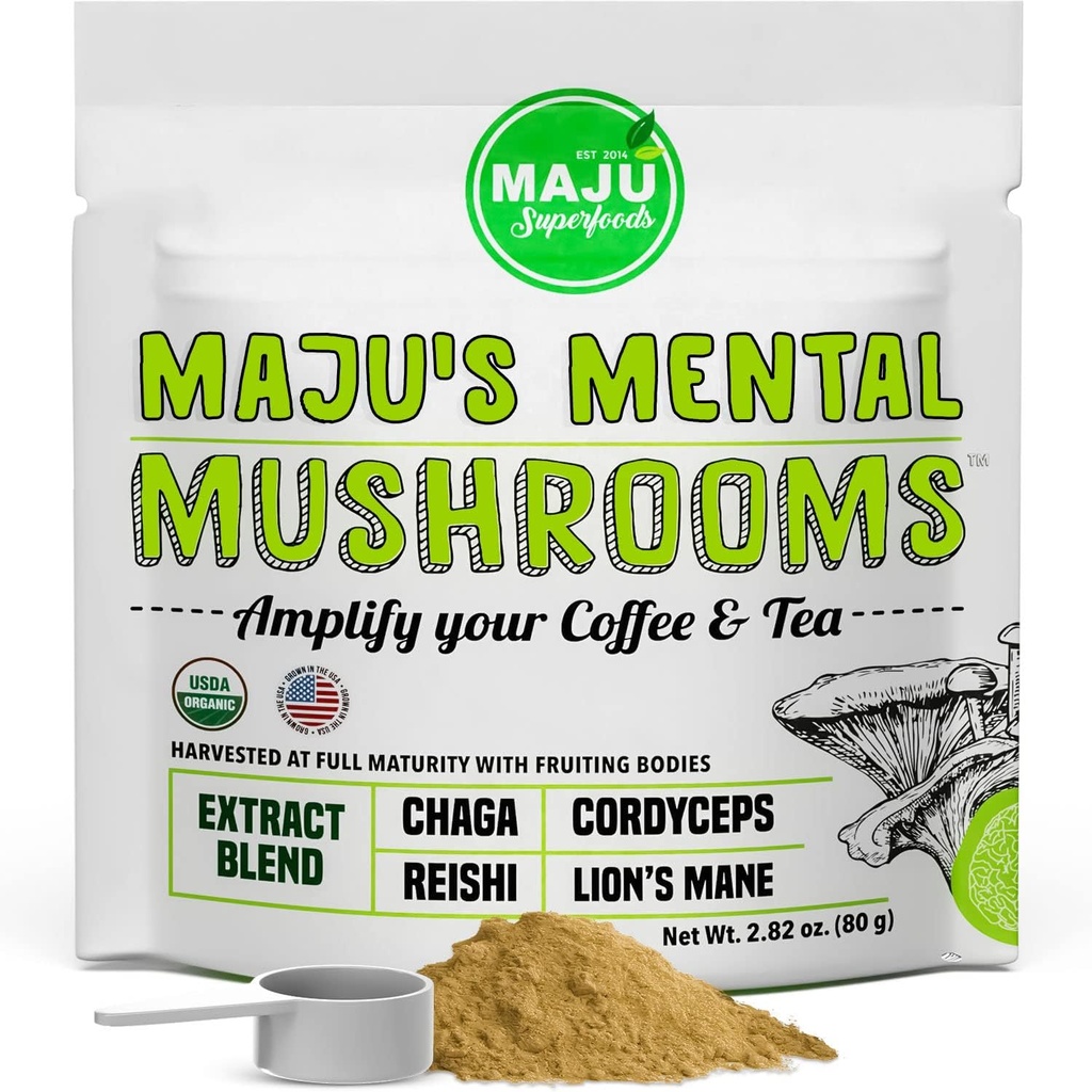 MAJU's Mental Mushroom Powder Extract, Strong Lions Mane, Chaga, Reishi, Cordyceps, Fruiting Bodies for Coffee, Immune System Booster, Nootropic Brain Supplement, Memory, Organic Mushrooms