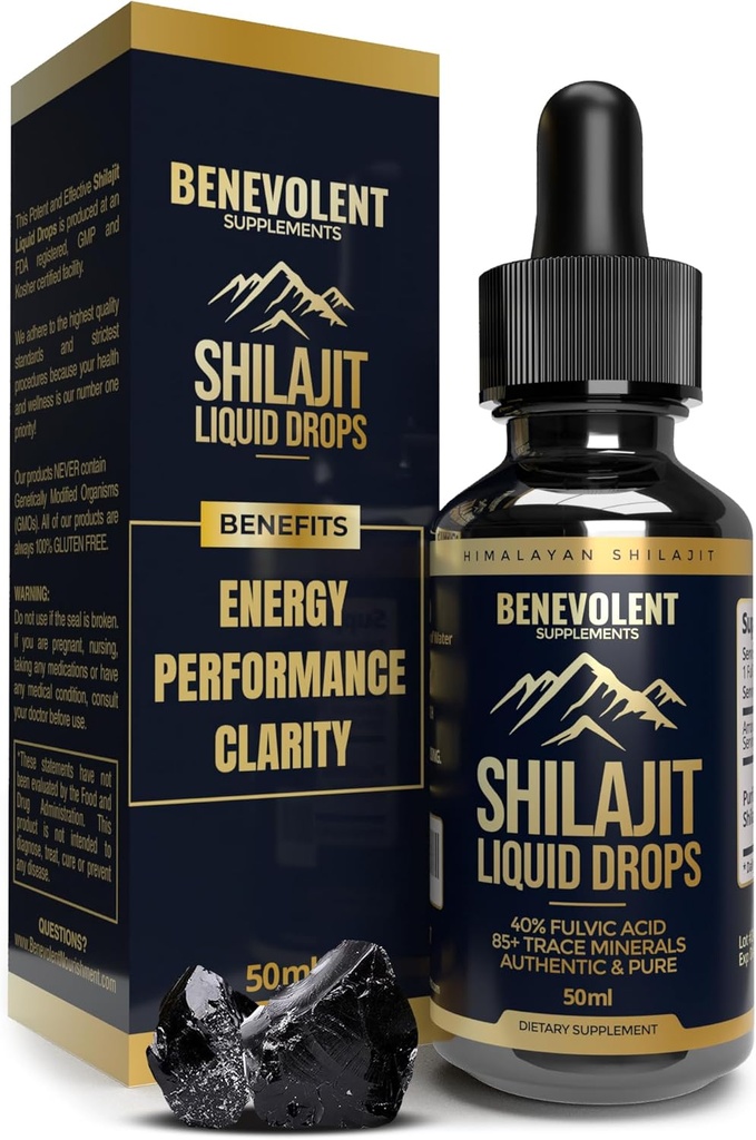 Pure Himalayan Shilajit Liquid Drops - 1000mg Natural Shilajit Drops - 85+ Trace Minerals & 40% Fulvic Acid for Energy Boost, Detox Cleanse, Strength & Immunity Support - 50 Day Supply