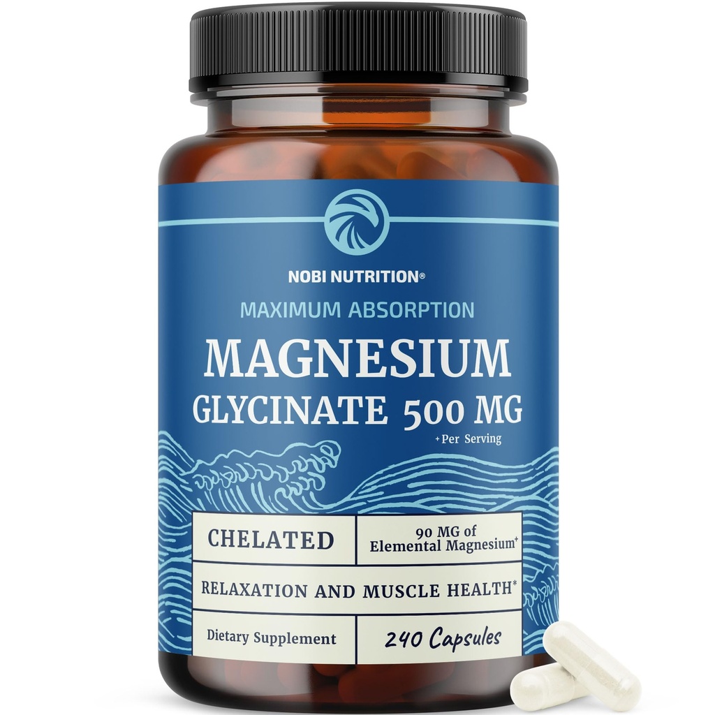 Magnesium Glycinate 500mg | Chelated for High Absorption | Muscle Relaxation, Bones, Heart, Nerve, Sleep & Calm Support for Women & Men | Magnesium Chelate Supplement & Bisglycinate Complex | 240ct