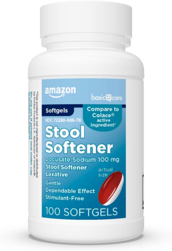   Basic Care Stool Softener Laxative, Docusate Sodium 100 mg, Softgels, For Constipation Relief, 100 Count