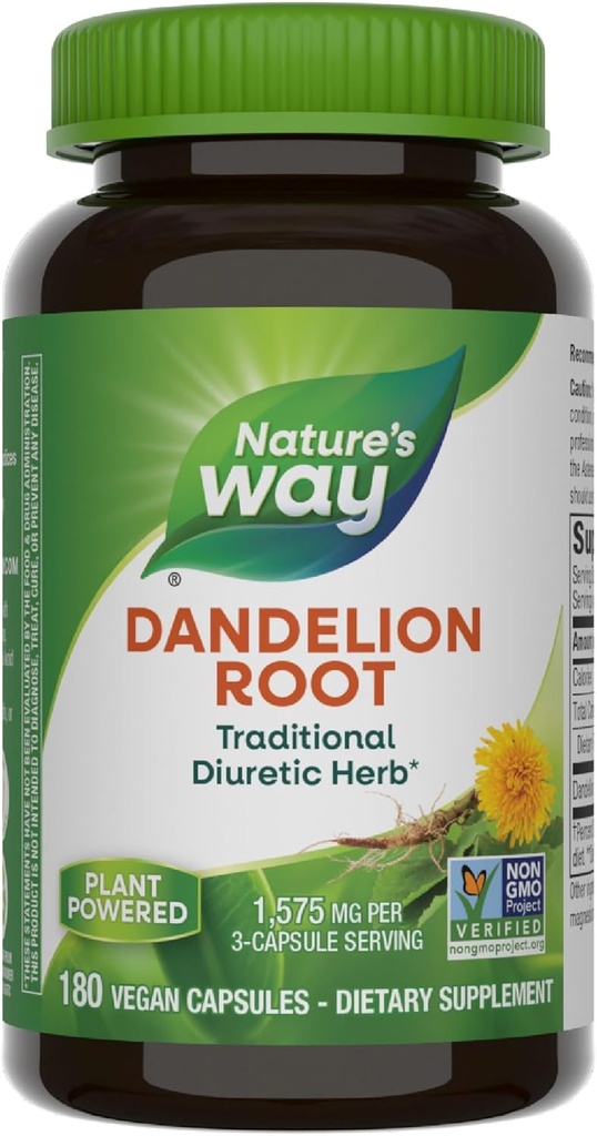 Nature's Way Dandelion Root, Traditional Diuretic Herb*, Traditionally used to Soothe Digestive Upset*, Vegan, 180 Capsules (Packaging May Vary)