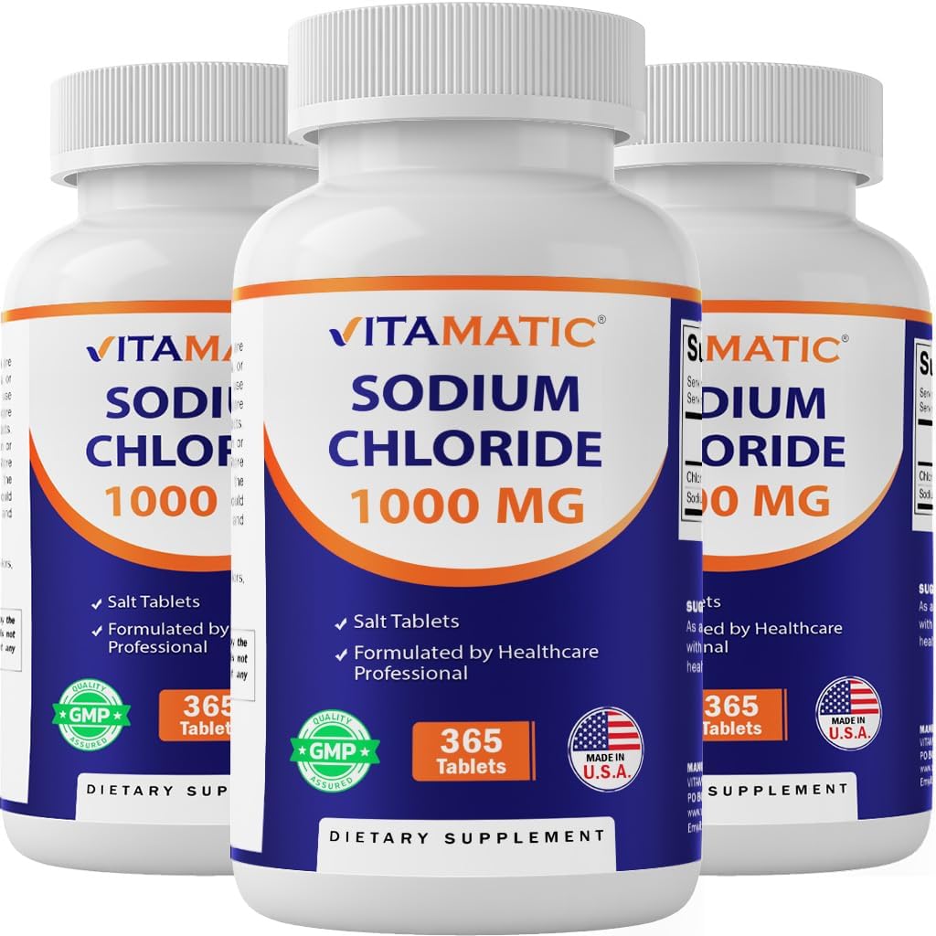 Vitamatic Sodium Chloride 1000mg – 365 Tablets Electrolyte Replenisher & Hydration Support – Non-GMO, Gluten-Free -3 Bottles