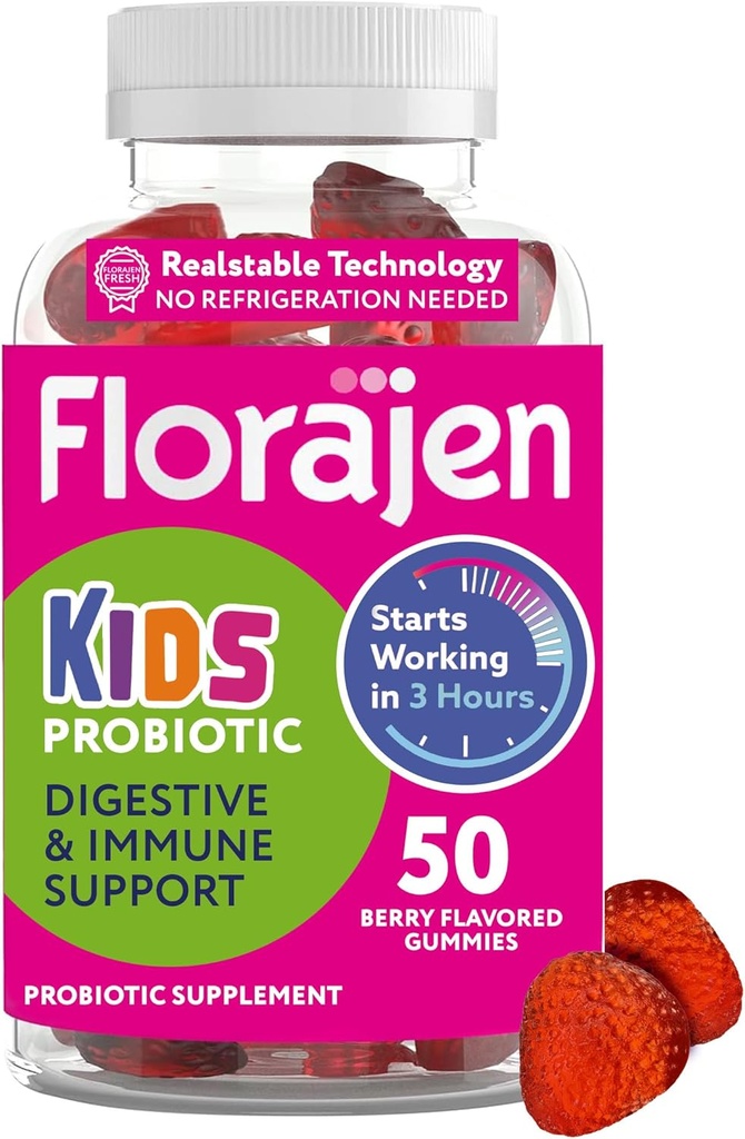 Florajen Kids Probiotic Gummies - Triple-Action Prebiotic, Probiotic, & Postbiotic Supplement for Digestive Health, Immune Support, & Bloating Relief - Organic, Vegan, & Gluten-Free - 50-Count