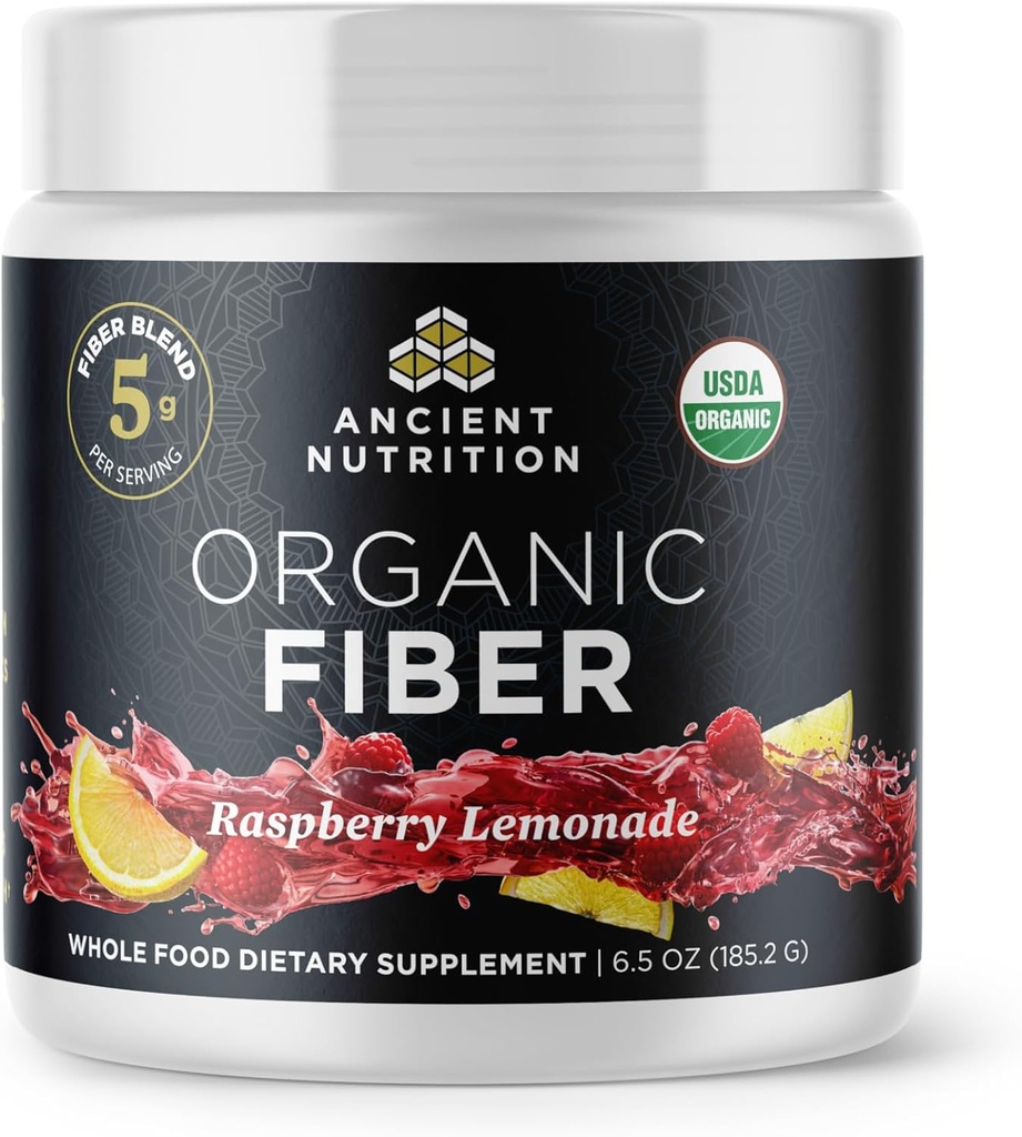 Ancient Nutrition Organic Fiber Powder, Raspberry Lemonade, Soluble Fiber from Acacia & Konjac Root, Supports Digestive Health, Reduces Bloating, 6.5 oz