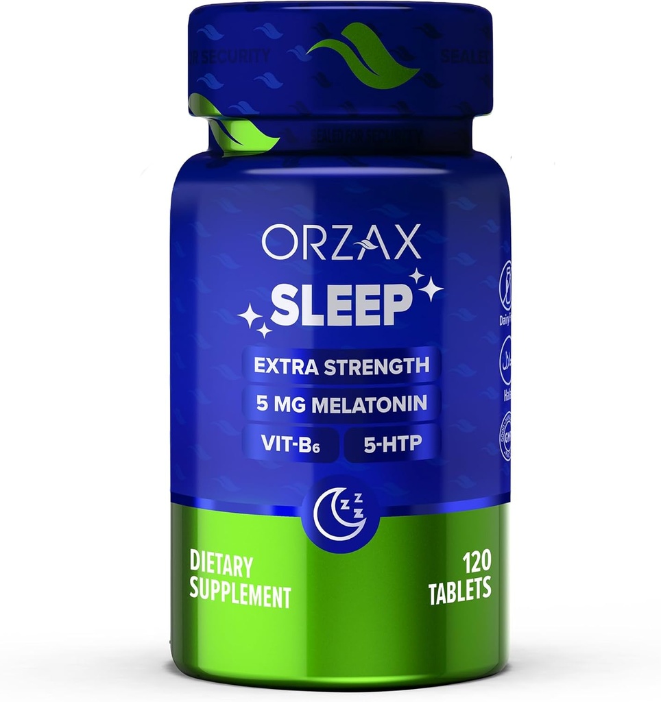 ORZAX Sleep - Melatonin 5 mg, Vitamin B6 & 5-HTP Supplement - Restful Sleep Vitamins for Adults (120 Tablets)