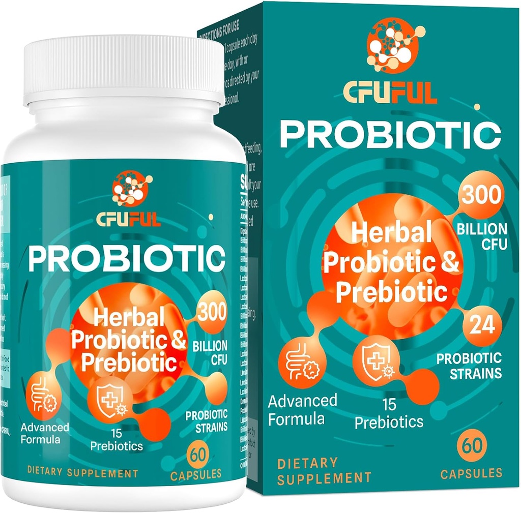 Probiotics for Women & Men - 300 Billion CFU, 24 Strains Probiotic + 15 Organic Herbs Prebiotics Blend, for Overall Digestive Gut Health, Immune, Constipation & Bloating, Shelf Stable - 2 Month Supply