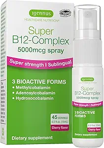 Igennus Triple Vitamin B12 Complex 5000mcg, Liquid Sublingual Spray, 45 Servings, Methylated Methylcobalamin, Adenosylcobalamin & Hydroxocobalamin, High Strength & Clean, Natural Cherry Flavor, Vegan