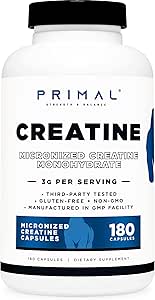 Primal Creatine Monohydrate (3,000 Mg, 180 Caps) - Micronized Creatine Supplement, 750mg Per Capsule, Great for Preworkout and Recovery - Gluten-Free, Non-GMO