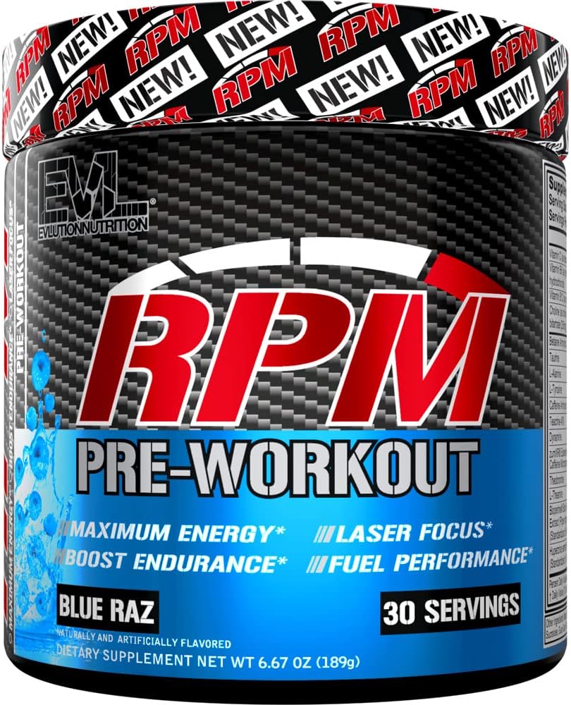 Pre Workout Powder for Energy and Focus - EVL RPM Energy Pre Workout Energy Drink Powder with Betaine Alanine Caffeine and Theacrine - Preworkout Powder Drink for Amplified Performance (Blue Raz)
