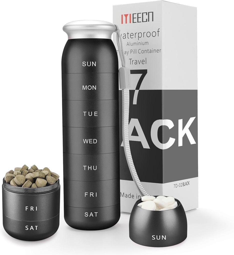 Weekly Pill Organizer, Portable Travel 7 Day, Waterproof Container, Large, Aluminum, Metal, Hold Vitamins, Cod Liver Oil, Supplements and Medications (Black)