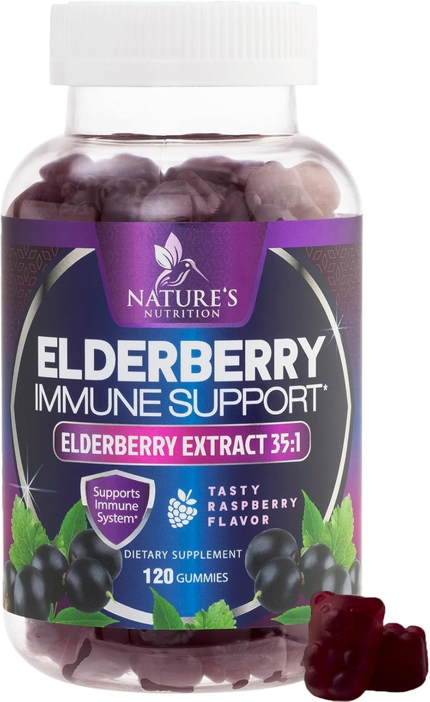 Elderberry Immune Support Gummies - Super Concentrated 35:1 Extract, Equivalent to 4200mg of Elderberries - Sambucus Black Elder Berry Vitamin Supplement, Daily Support for Kids & Adults - 120 Gummies