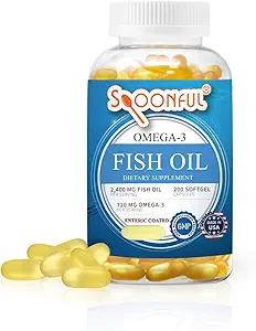 Spoonful Omega 3 Fish Oil Enteric Coated 2400mg, 200 Capsules, Burpless, Rapid Release Softgel Capsules, Made in USA, NSF-Certified