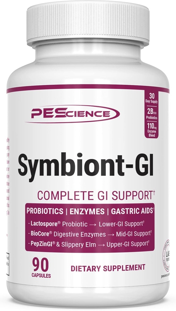 PEScience Symbiont-GI, Zinc Carnosine Pepzin GI & Shelf Stable Probiotic Capsules, Digestive Enzyme Supplement for Women and Men, with Slippery Elm Bark, 30 Day Supply