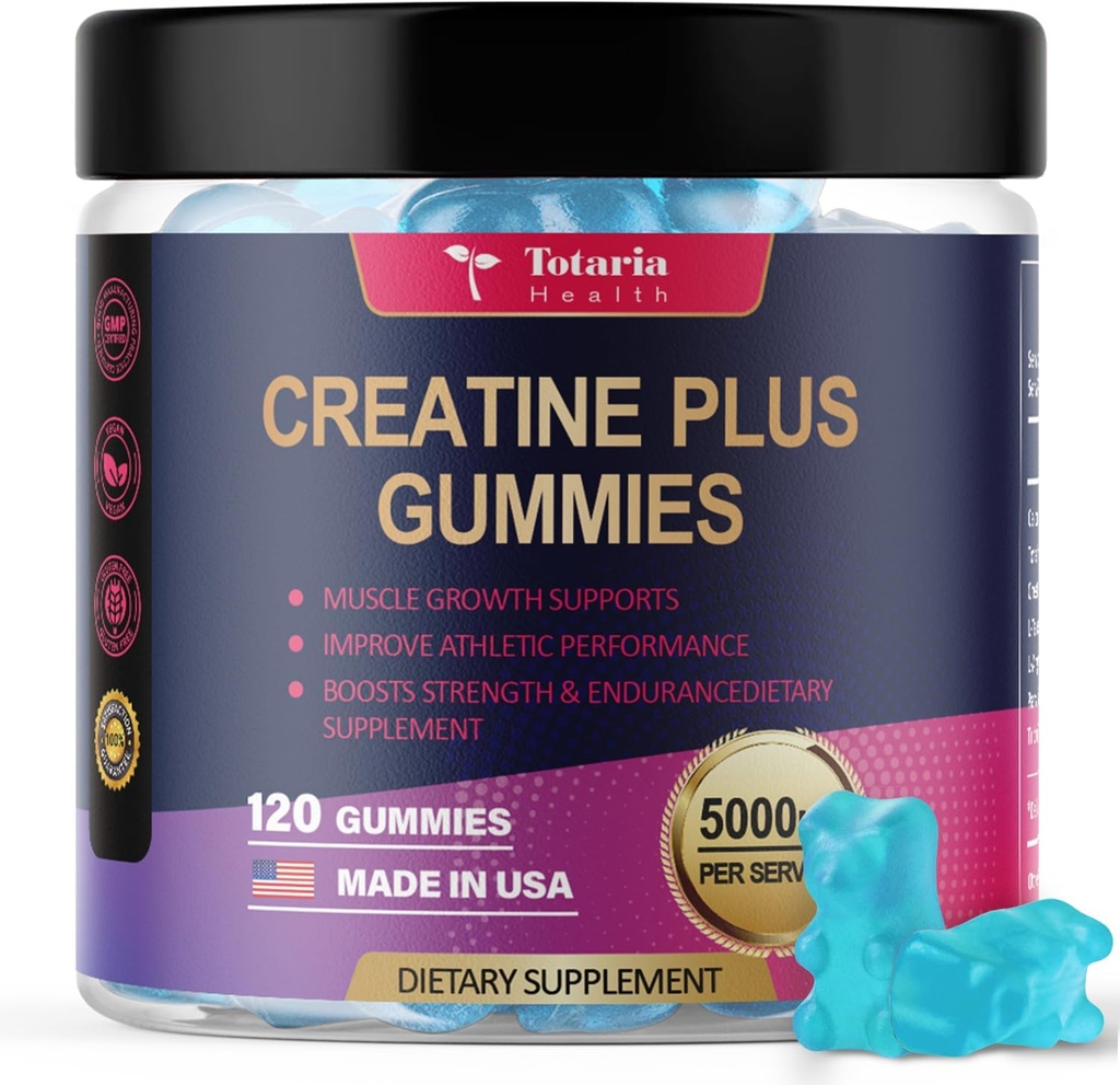 Totaria Creatine Monohydrate Gummies for Men & Women 5000mg Sugar Free Pre-Workout Supplement Creatine for Muscle Strength, Muscle Builder, Energy Boost,Vegan,Blueberry Flavor, 120 Count