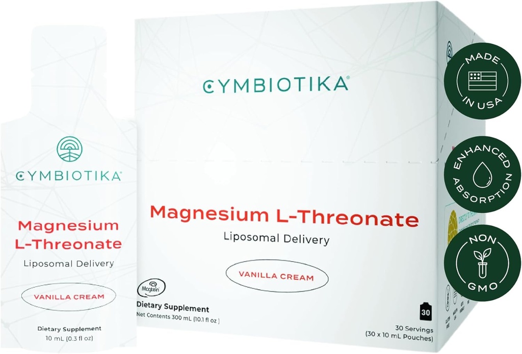 CYMBIOTIKA Liposomal Magnesium L-Threonate 1300 mg – High-Absorption Magnesium for Brain Health, Memory, Focus & Stress Support – Promotes Mental Clarity and Mood Balance, Made in USA, 1 Month Supply
