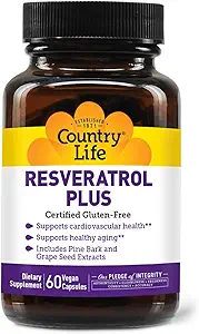 Country Life Resveratrol Plus 1000mg - Organic Antioxidant Supplement with Pine Bark & Grape Seed Extracts - Vegan, Gluten-Free, Non-GMO