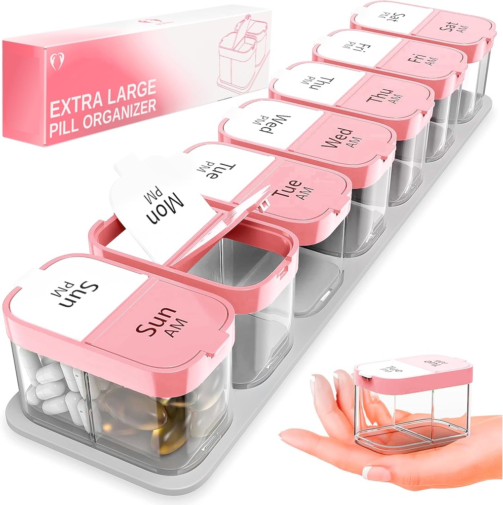 Extra Large Weekly Pill Organizer - XL Vitamin Holder with 7 Detachable AM PM Compartments - Portable Medicine Dispenser for Home and Travel, Big Supplement Container for Weekly or Daily Use, Pink