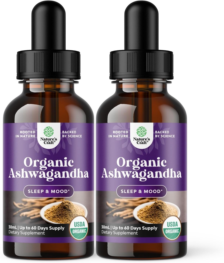 Natures Craft USDA Organic Ashwagandha Liquid Drops - Liquid Ashwagandha Root Extract for Stress and Mood Support - Tasty Adaptogenic Tincture Non GMO Vegan Gluten Alcohol and Sugar Free (2 Pack)