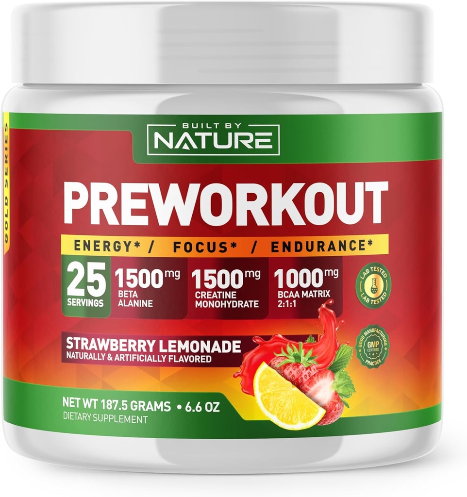 Built by Nature Pre Workout Powder with Beta Alanine, Creatine Monohydrate, BCAA, L Citrulline, L Arginine and Caffeine - Strawberry Lemonade Flavor - 25 Servings