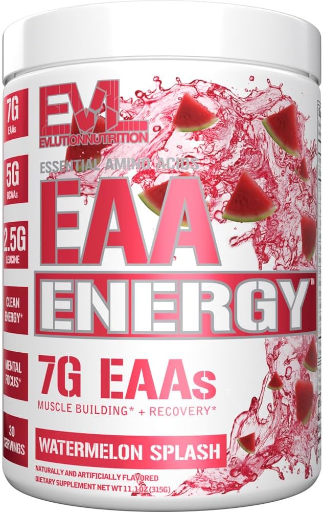 Evlution Nutrition EAA Energy - Pre & Post Workout Powder - Muscle Building & Recovery Supplement - 7g Essential Amino Acids + 5g BCAAs - Clean Energy - With Caffeine - 30 Servings - Watermelon Splash