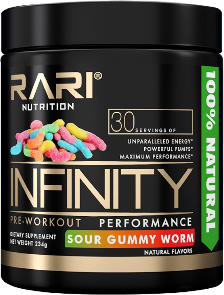 INFINITY - 100% Natural Preworkout Powder for Energy, Focus, and Performance - Men and Women - Vegan and Keto Friendly - No Creatine - 30 Servings (Sour Gummy Worm)