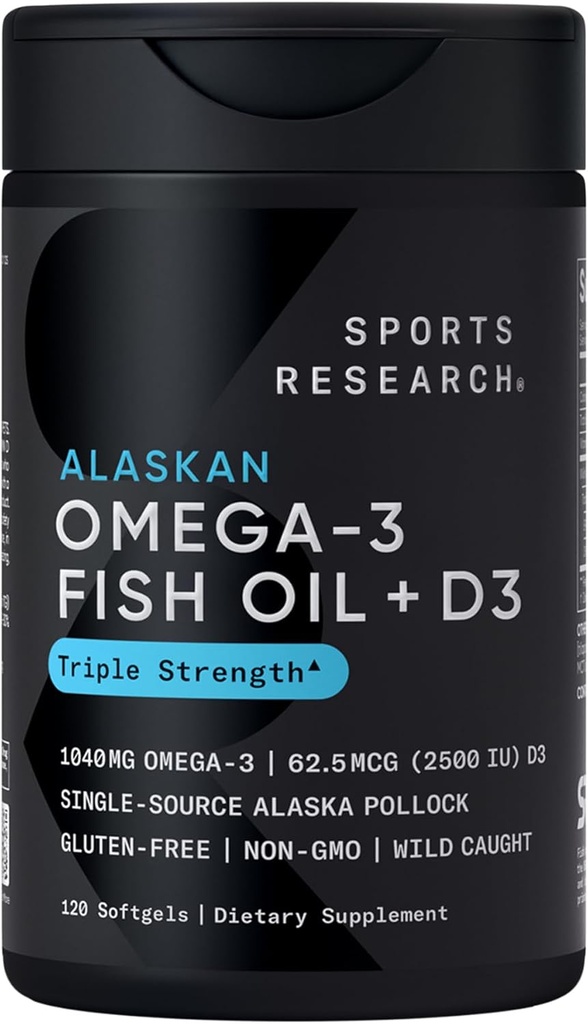 Sports Research® Alaskan Omega-3 Fish Oil 1040mg + Vitamin D3 2500iu - Supports Brain & Heart Health - MSC Certified Sustainable · Wild-Caught · Non-GMO · Triglyceride Form - 120 Count Softgels