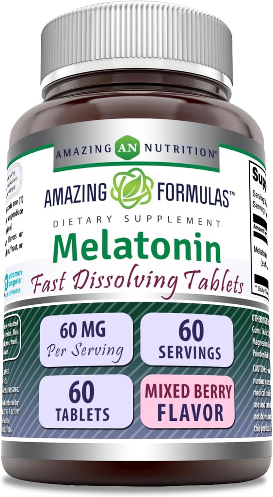 Amazing Formulas Melatonin Fast Dissolving Supplement | 60 Mg per Serving | Mixed Berry Flavor | 60 Tablets | Non-GMO | Gluten-Free | Made in USA