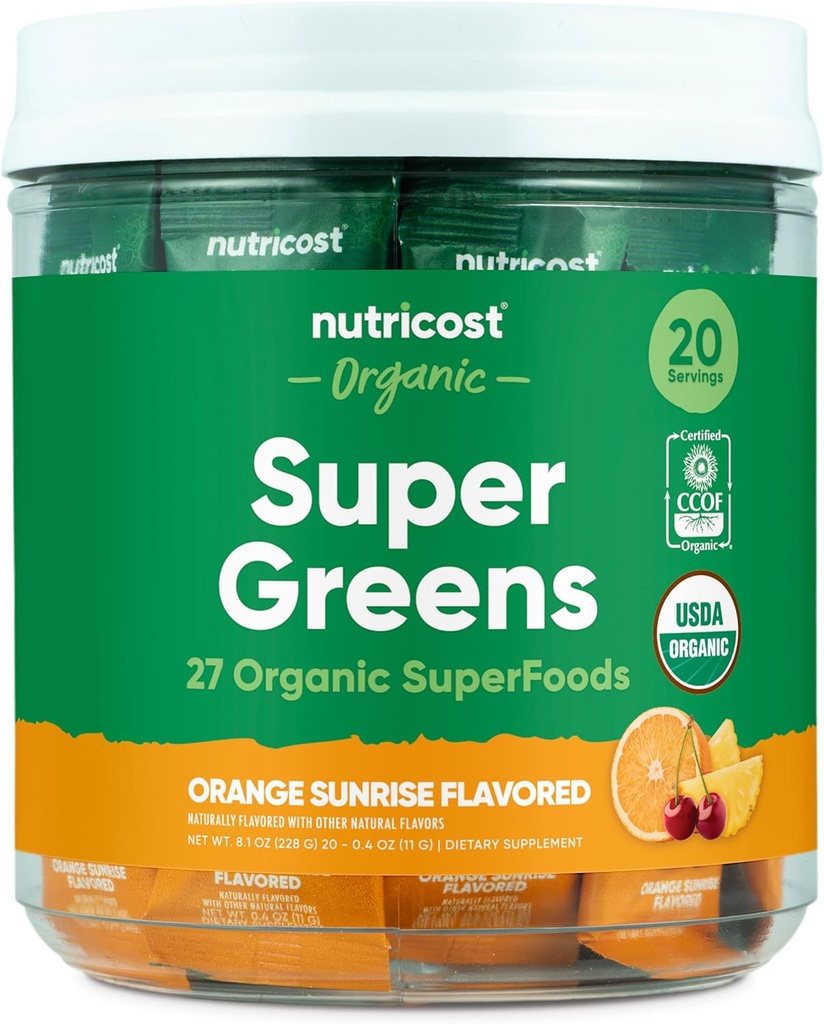 Nutricost Organic Super Greens (Orange Sunrise Flavored) 20 Stickpacks - Gluten-Free, Non-GMO